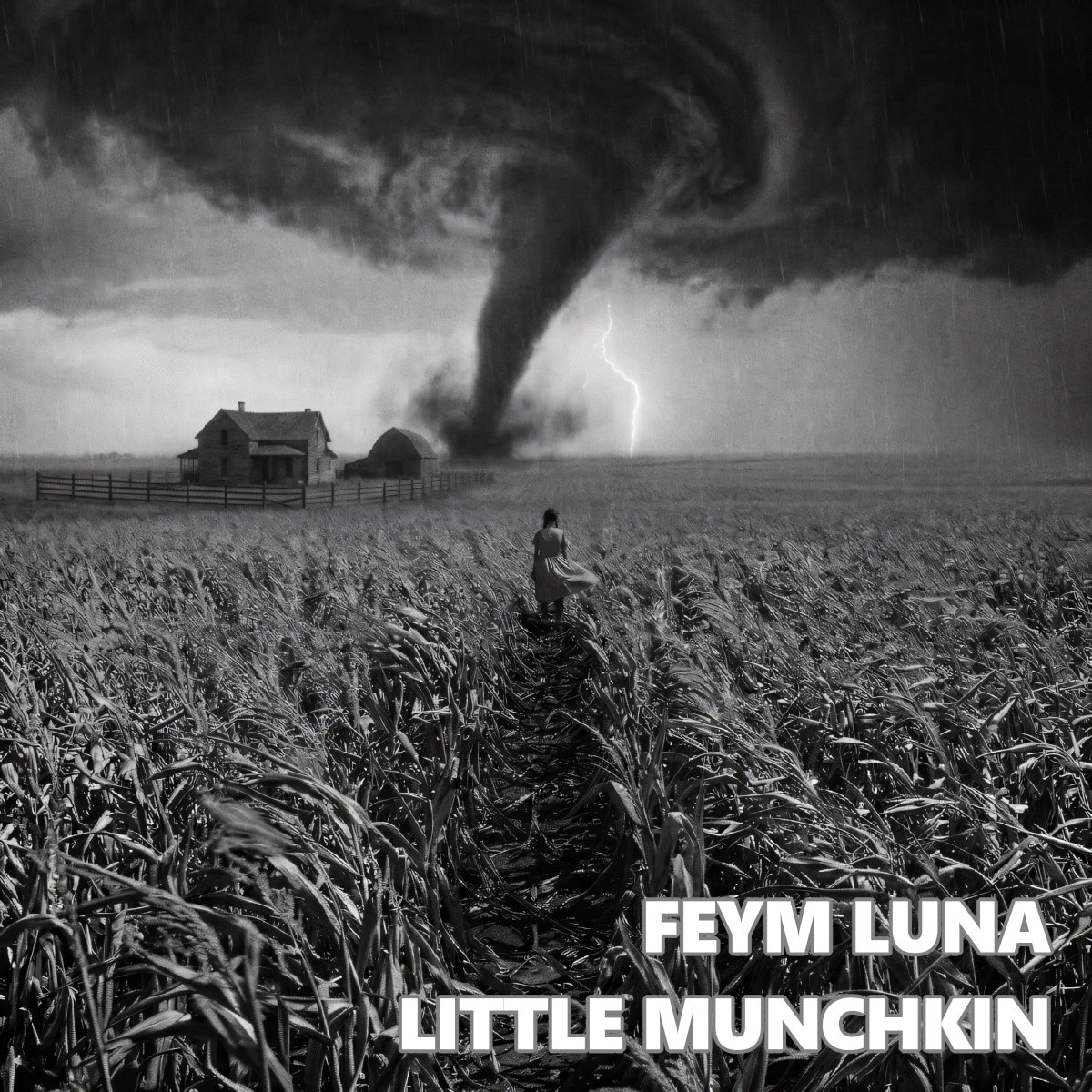 Little Munchkin single cover art - black and white tornado over a cornfield